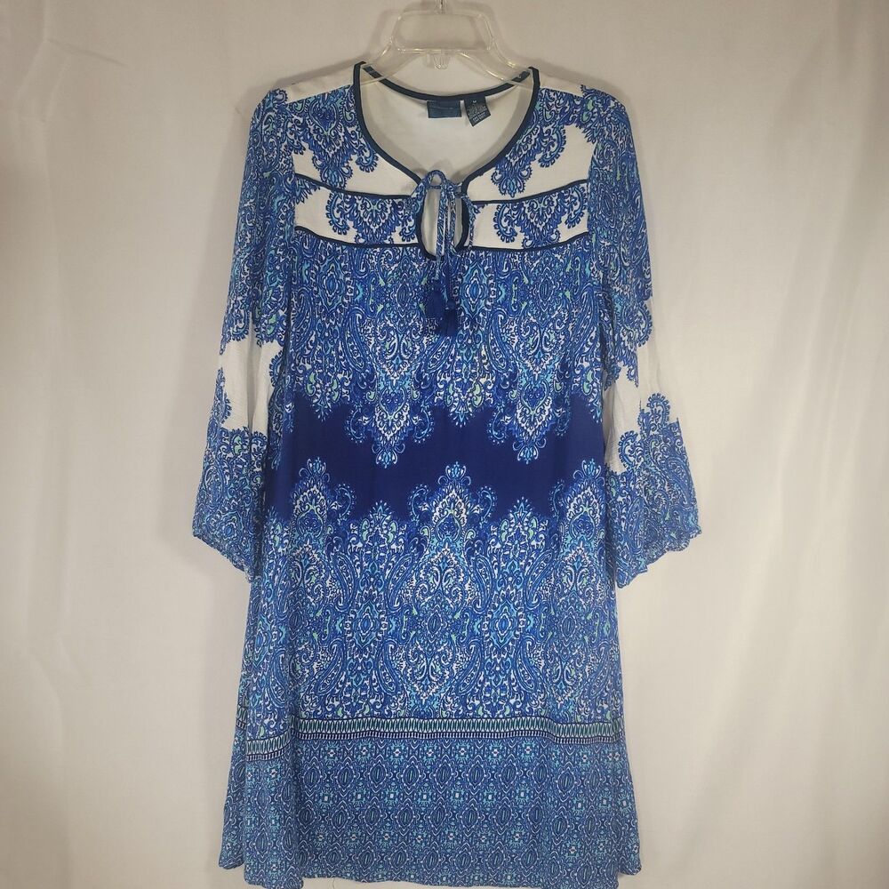 Caribbean Joe Multicolor Blue White Paisley Tunic Dress Long Sleeve Size Medium